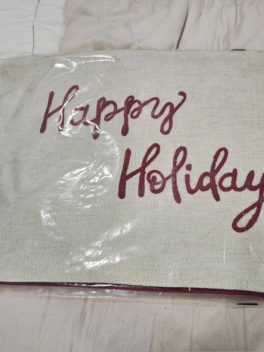Pottery Barn Cream Holiday Pillow with Red Script